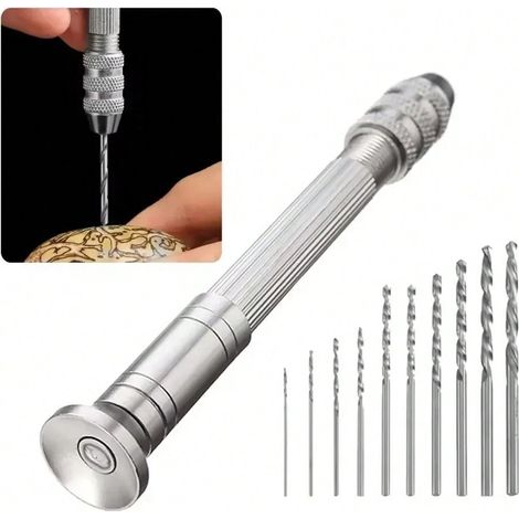 11 Pièces Mini Perceuse à main avec mandrin de précision, Jeu de forets hélicoïdaux micro de 0,8-3mm, Perceuse manuelle rotative en acier inoxydable pour bois, résine, bijoux, métal, plastique, répara (1/5)