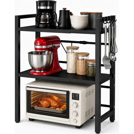 Étagère Micro-Ondes Extensible, étagères pour Micro-Ondes avec 6 Crochets étagère de Cuisine Gain de Place, 40 – 63 cm réglable Deux Niveaux Micro-Ondes étagère pour Mettre des Assiettes（Noir） (1/5)