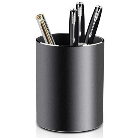 Pot à crayons rond en métal, porte-stylos et crayons en aluminium pour le bureau, la chambre d'enfant et l'école - 8 x 10 cm - Design noir élégant (1/4)
