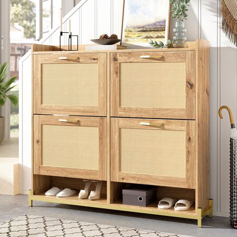 Mobile per scarpe 100 cm stile rustico in finitura legno, armadio per scarpe per 20 paia, con 4 porte in rattan per ingresso, corridoio o vestibolo
