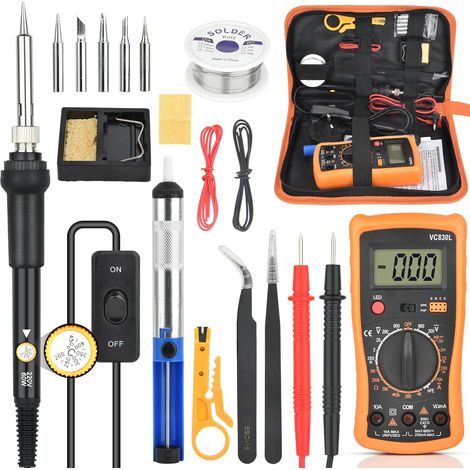 Kit de soldador de 60 W con temperatura ajustable de 200 a 450 °C. Herramienta de soldadura con multímetro digital y 5 puntas. Soldadura y reparación de primera calidad. (1/5)