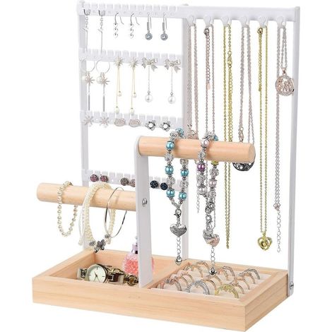Rangement de bijoux en métal et bois – Porte-bijoux 4 couches pour colliers, bagues, boucles d'oreilles et bracelets – Finition galvanoplastie (1/3)
