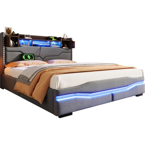 Lit coffre 160x200 cm gris avec LED, ports USB et prise, tête de lit avec rangements, sommier relevable hydraulique sans matelas CHICFURN (1/5)