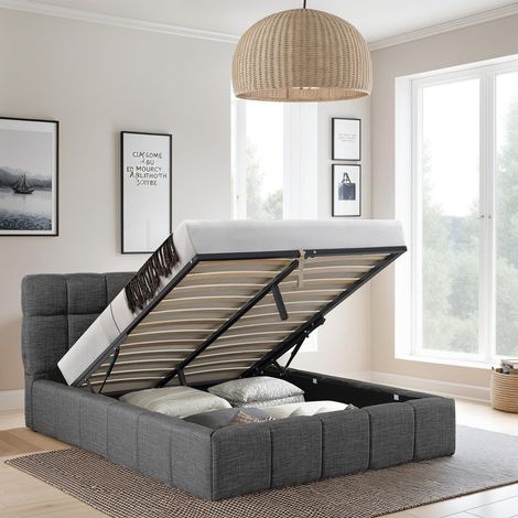Le Quai Des Affaires – Lit coffre 140x190 cm ELIAS – Tête de lit capitonnée – Coffre de rangement intégré – Tissu gris foncé – Sommier 2x12 lattes (1/5)