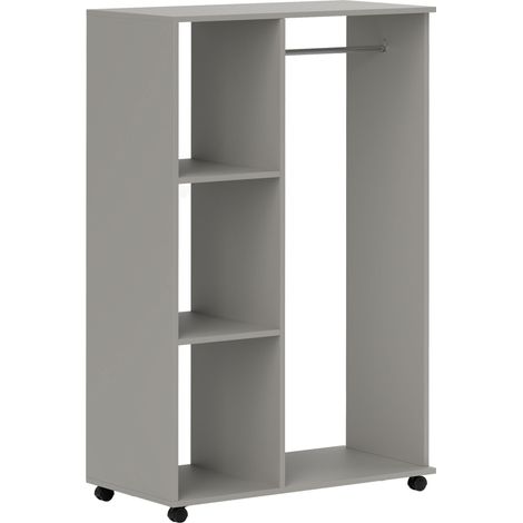 Open Wardrobe on Wheels, Bedroom Wardrobe with Clothes Hanging Rail, 3 Storage Shelves, Mobile Garment Rack for Cloakroom, Hallway, Grey