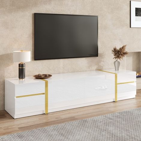 Mueble para TV blanco 180x40x38 cm acabado brillante, 4 cajones, 2 puertas y detalles dorados (1/5)