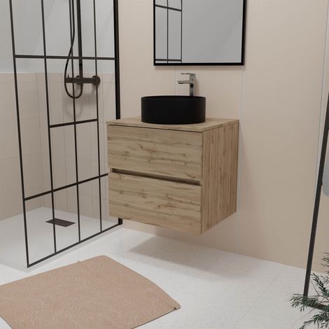 Mobile Bagno 80cm 2 Cassetti Rovere Naturale + Lavabo Rotondo Ø36cm Ceramica Nera