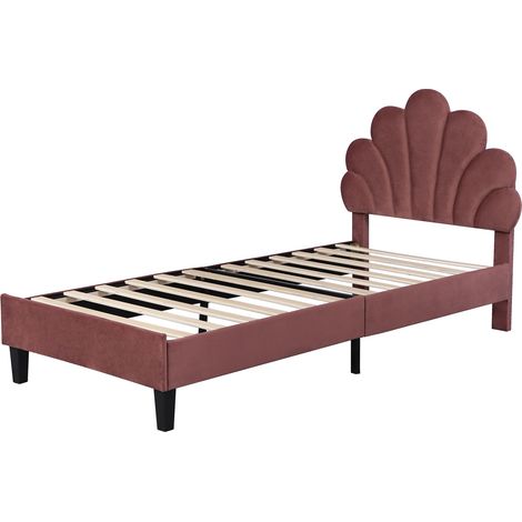 Cama infantil tapizada 90 x 200 cm en terciopelo burdeos, cabecero floral y somier de lamas (1/5)