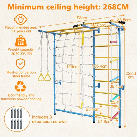 Struttura da arrampicata a parete per bambini 198x83,8x222,3 cm in acciaio blu 7 in 1 - MEUBLIV (1/5)