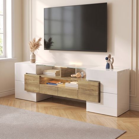 Meuble TV 145 cm avec Éclairage LED Multicolore et Rangement, Panneau de Particules, Design Moderne, Blanc et Or (1/5)