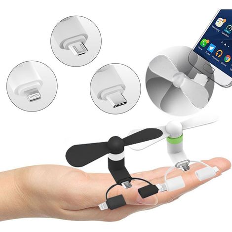 Lot de 2 ventilateurs USB 3-en-1 adaptés aux téléphones portables, compatibles avec iPhone/iPad/smartphones/tablettes Android, ports micro-USB/Type C/Lightning (1/5)