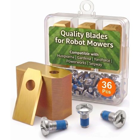 36x Replacement Blades for Husqvarna, Gardena, Segway, Yard Force, McCulloch, Powerworks, 0.8 mm Titanium Coated Stainless Steel, Screws Included, Storage Box (1/5)
