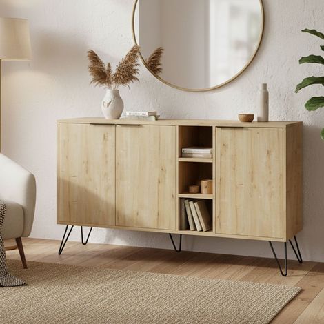 Dmora - Kommode Perseus, Wohnzimmerbuffet, Wohnzimmer-Sideboard, Moderne Küchen-Speisekammer, 142x36h83 cm, Eiche, mit verstärkter Verpackung (1/5)