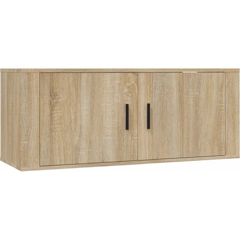 Elegante mobile TV a parete moderno con vano contenitore 100 x 34 x 40 cm realizzato in legno composito di rovere Sonoma 020048289