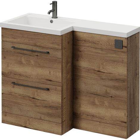 Napoli 460 Tobacco Oak 1100mm 2 Drawer Vanity Unit Toilet Suite with Left Hand Square Lucia Basin - 1100mm - Gunmetal Grey 320mm HandleWithout Kingston Toilet Pan
