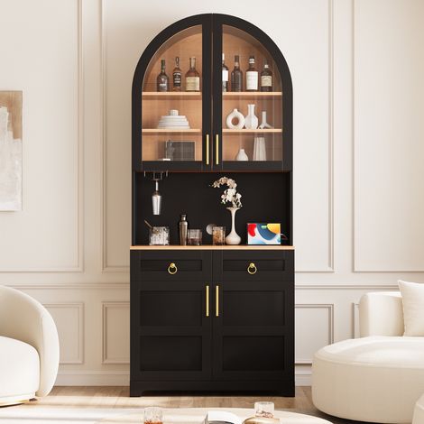 Credenza alta vetrina - 80x40x180 cm - per cucina e soggiorno con presa usb e led app - arco in mdf e vetro stile francese - nero (1/5)