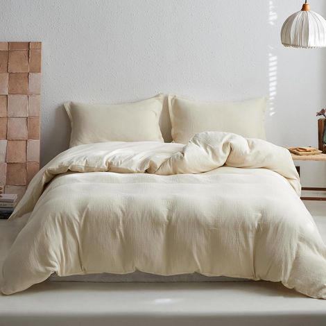 100% Coton Parure de Lit, Housse de Couette en Mousseline Gaufrée Ultra Douce et Respirante avec 2 Taie d'oreiller (Beige,230×220cm) (1/5)