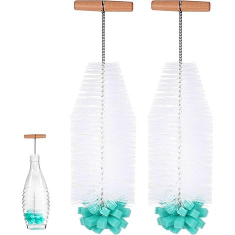 Brosse Bouteille de Soda, 2 Pièces 32 cm Goupillon de Nettoyage pour Bouteille en Verre d'eau, Brosse avec Poils et Tête Epongeun Manche en Bois, pour la Cuisine, la Salle à Manger, Vert