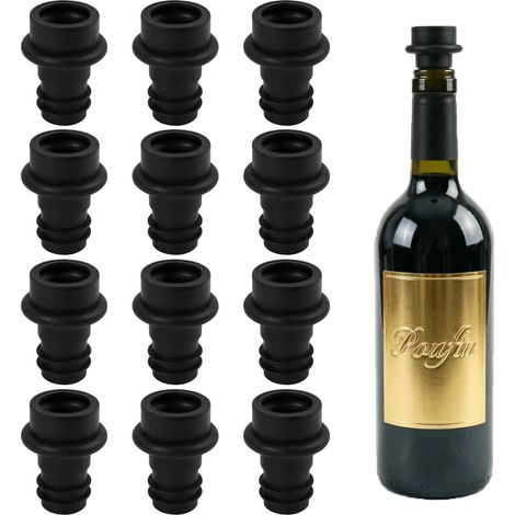 &12pcs Food Grade Silicone Wine Pump Stoppers, Reusable Wine Bottle Stoppers, Wine Bottle Stoppers, Vacuum Wine Stopper Keep Fresh (Black)& (1/5)
