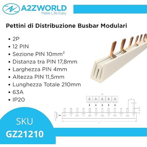 210mm Modules Power Comb, Manifold Bar for Magneto-Thermal and Differential Switches, BusBar Modular 63 A (1/4)