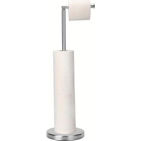 Porte-papier toilette argenté doré, sur pied, avec compartiment pour 4 rouleaux de rechange et base robuste. (1/5)