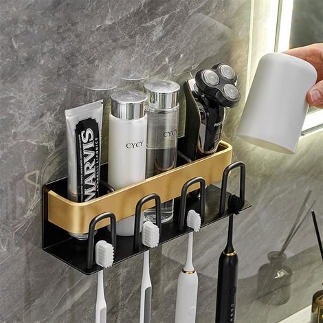 Zahnbürstenhalter, Wand Elektrischer Zahnburstenhalterung Edelstahl Zahnbürsten Halter ohne Bohren für Zahnbürstenköpfe, Zahnpasta (4 Slots) - Schwarz
