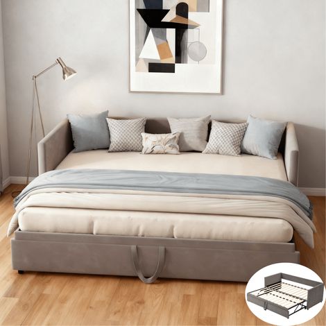 Canapé-lit convertible 90/180x200 cm, lit gigogne 2 places avec sommier à lattes et dossier rembourré, lit capitonné tissu en velours, sans matelas, gris (1/5)