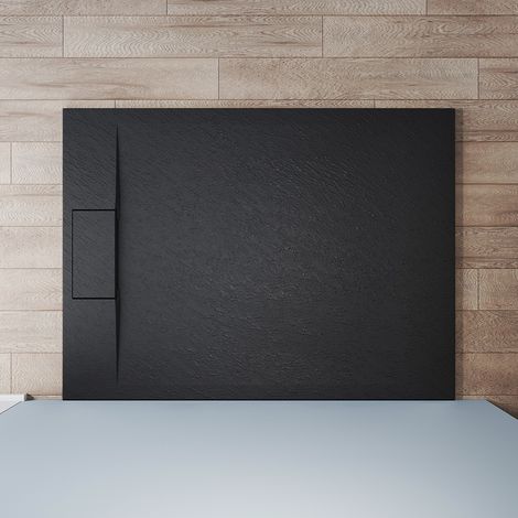 SONNI Receveur de douche 120x90cm Receveur de douche plat de haute qualité pour cabine de douche Salle de bain SMC Noir 32mm texture ardoise antidérapant, design découpable