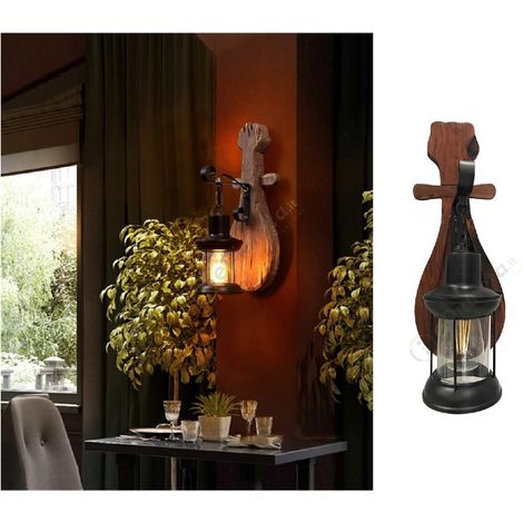 Applique da parete attacco E27 lanterna vintage in legno metallo lampada country (1/5)