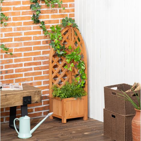 Bac à fleurs avec treillis d’angle, jardinière en bois brun 32 x 32 x 108 cm, REDOM (1/5)