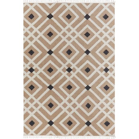 Alfombra de yute trenzado de algodón natural de estilo boho con borlas de diseño geométrico 160 x 230 cm beige Esencik
