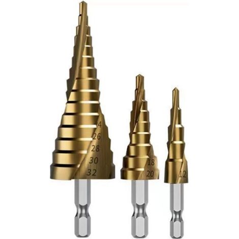 XEPHO 3PCS Foret Fraise Meche Etage, HSS Inox Metal, 4-12/20/32mm, Triangle Conique Titane, avec Tige Hexagone, Pour Visseuse Percage sur Acier, Laiton, Bois, Plastique