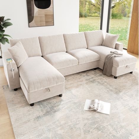 U-Form Sofa 284x135x84 cm Beige Chenille mit Stauraum und USB/Type-C (1/5)