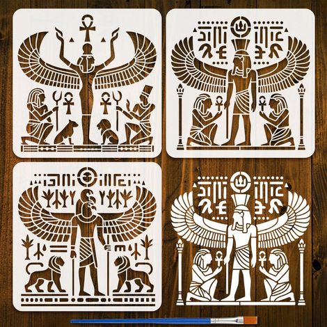 3 Styles Pochoirs Muraux Avec Pinceau 30x30cm Pochoirs Réutilisables à Motifs Divinités Pochoir Décor Animaux Compagnie Pharaons Modèle Thèmes pour Tissu Mural Bois (1/5)