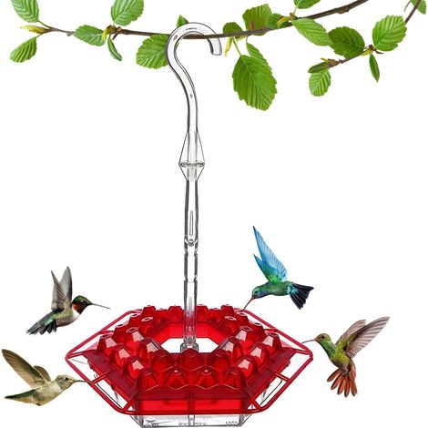 Mangiatoia per colibrì sospesa per uso esterno, mangiatoia per uccelli selvatici da 10 once con 30 fessure per l'alimentazione, protezione antiformiche integrata, facile da pulire e riempire, rossa.