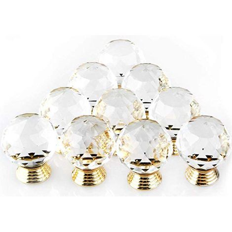 Lot de 10 Poignée Bouton de Porte forme Diamètre 30mm Cristal Or,Boutons d'armoire Mant Rond Verre Boutons Décoration pour Meuble Tiroir