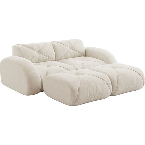 Sofá modular de 2 plazas en chenilla beige claro con 2 pufs, sin montaje (1/5)
