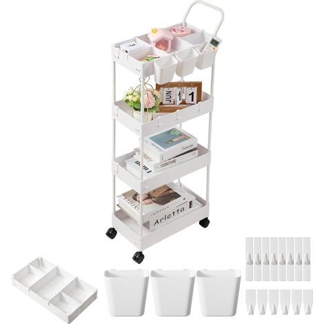 Chariot de service étroit pour enfants, chariot de service avec 4 niveaux, chariot de cuisine avec séparateurs, crochets et tasses suspendues, chariot de niche pour chambre d'enfant, cuisine (1/5)