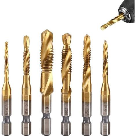 Lot de 6 Tarauds Filetés, Foret Taraud Filetage Métrique M3-M10 avec Revêtement en Titane HSS et Embouts de Taraudage 1/4" Queue Hexagonale Cannelée pour Tarauder Différents Fils (1/4)