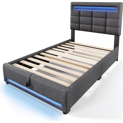 Cama capitoné 90 x 200 cm gris con LED, arcón hidráulico, USB y control por app (1/5)