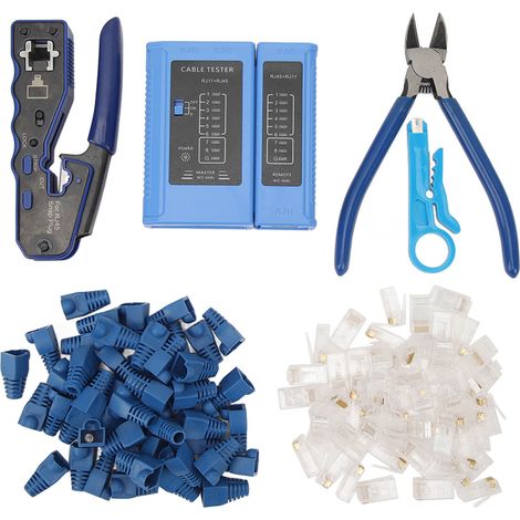 RJ45 Crimp Tool Pass Through Crimper with RJ45 Cat6 Crystal Head and Protective Cover Cable Tester Cutter Stripper