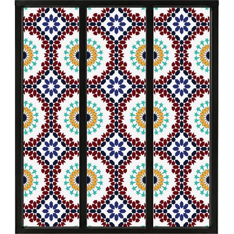 Verrière atelier intérieure aluminium noir 3 vitrages 102 x 117 cm - Décor oriental - Taljane - bleu et multicolore et transparent - Verre trempé (1/5)