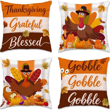 Fundas decorativas para cojines de Acción de Gracias de 45x45 cm (juego de 4), diseño de pavo de Acción de Gracias para sofá y sillón. (1/5)