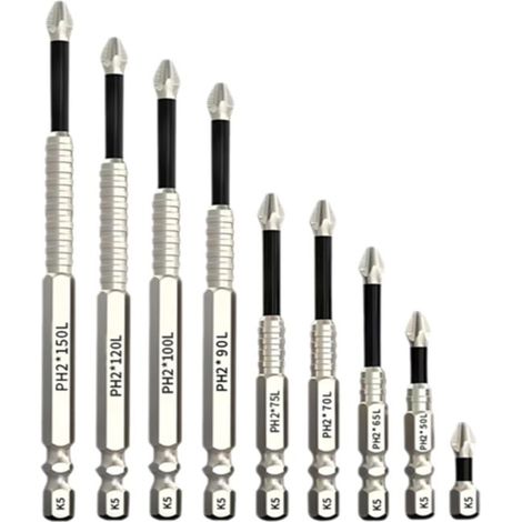 Coffret de 9 embouts de vissage magnétiques K5 antidérapants PH2 - Acier inoxydable - 25 à 150 mm - Durable, ergonomique et antidérapant - Idéal pour le bricolage, les réparations et les professionnel
