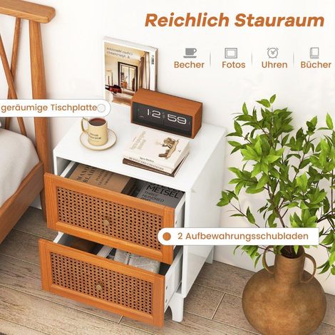 Nachttisch rattan nachtschrank mit 2 schubladen beistelltisch mit massivholzbeinen 46 x 33 x 595 cm wei braun
