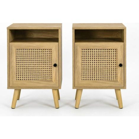 Lot de 2 tables de chevet 39x35x60 cm en MDF et rotin naturel, rangement gain de place – MEUBLIV (1/5)