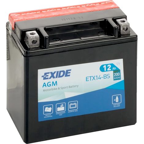 Exide – Batterie moto 12V 12Ah 200A – Technologie A.G.M scellée – Sans entretien – Pour démarrage rapide