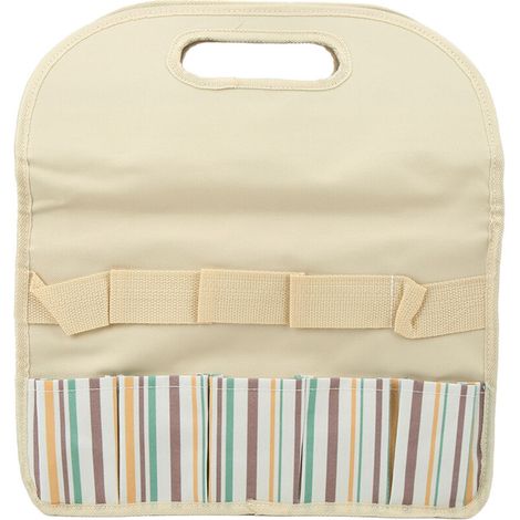 Sac fourre-tout pour outils de jardinage, grand format, en toile Oxford beige à rayures colorées, avec poches profondes, idéal pour ranger vos outils de jardin. (1/5)