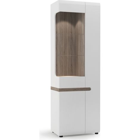 Wohn-/Esszimmer Vitrinenschrank mit Beleuchtung in weiß Hochglanz mit Trüffel Eiche Nb. LEGNICA-129, B/H/T ca. 64/194,5/42 cm (1/4)