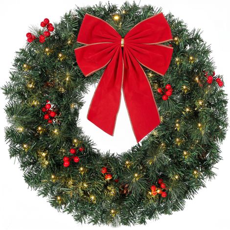Couronne de Noël de 61 cm pour porte, motif épicéa Crestwood, nœud, 50 LED, 140 extrémités de branches, 8 modes d'éclairage (1/5)